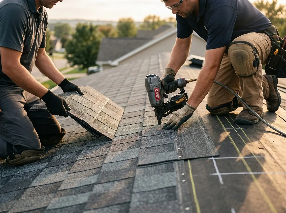 Professional roofer working on a residential roof in San Diego Country Estates